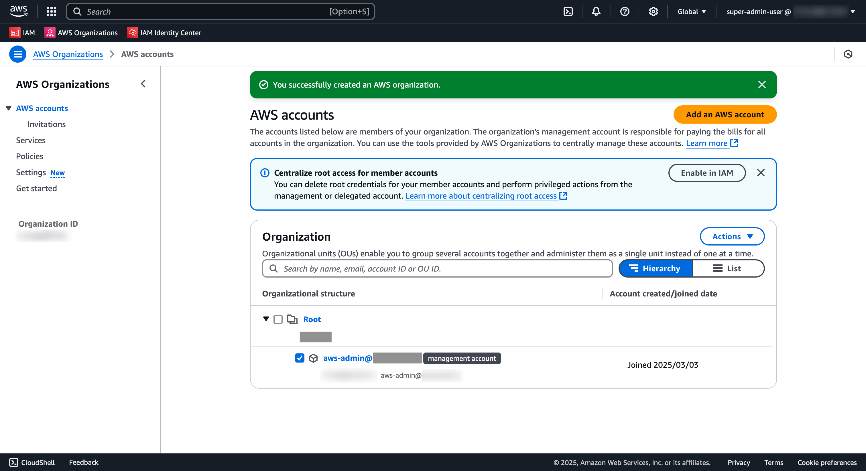 Enable AWS Organizations